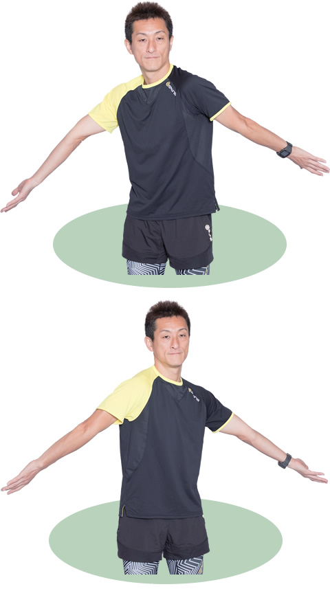 上体も軽くひねりながら、左右の腕をひねります。肩甲骨も動かすイメージで。 上体も軽くひねりながら、左右の腕をひねります。肩甲骨も動かすイメージで。